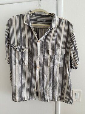 Outerknown Men's Striped Camp Shirt Gray Cream XL